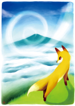 ambiguous_gender dipstick_tail feral markings mountain quadruped red_eyes sky solo tail tail_markings wind oborokarasu canid canine fox mammal