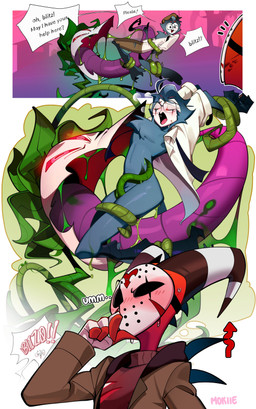 2_horns alternate_costume alternative_fashion ambiguous_gender anthro arms_together aroused asking assisted_exposure bdsm being_watched big_tongue blush bodily_fluids bondage bottomwear bound captured cheek_tuft clothed clothing coat colored_saliva cosplay dialogue dominant dominant_ambiguous duo duo_focus emanata eyes_closed eyewear facial_tuft feathers fluffy fluffy_chest flustered fully_clothed fuzzy glasses glowing glowing_eyes green_saliva green_slime green_tentacles green_vines grey_body grey_feathers group hands_behind_head hat head_tuft headgear headwear help_me horn imminent_sex larger_ambiguous leaf legs_together long_tongue looking_at_another looking_pleasured male male/ambiguous male/male mask mostly_nude multi_eye open_mouth pants peril pink_tongue plant questionable_consent red_body red_eyes restrained restrained_arms restrained_by_tentacles restrained_legs restrained_tail restraints saliva sentient_plants sex shirt simple_eyes size_difference skinny slim slime smaller_male speech_bubble submissive submissive_male suspended_via_tentacles suspension suspension_bondage sweat sweatdrop sweater tail tail_feathers tapering_tongue tentacle_around_arm tentacle_around_leg tentacle_around_tail tentacle_between_legs tentacle_sex tentacles tentacles_around_arms tentacles_around_legs text tongue tongue_out topwear trio tuft turtleneck unusual_bodily_fluids unusual_saliva vine_bondage vine_tentacles vines wearing_glasses white_body yelling verosiie friday_the_13th_(series) hellaverse helluva_boss blitzo_(helluva_boss) jason_voorhees stolas_(helluva_boss) avian bird demon elemental_creature flora_fauna imp owl owl_demon plant_monster absurd_res comic english_text hi_res