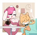 3_toes 5_fingers accessory anthro beverage big_breasts biped bow_tie breasts cigarette cleavage clock clothed clothing coffee crossed_legs duo eyebrows eyelashes eyes_closed fangs feet female fingers fully_clothed furniture hair hand_on_cheek holding_object huge_hips huge_thighs inside lamp male monotone_body open_mouth open_smile orange_body pawpads paws pink_hair sitting smile smoking standing table tan_body teeth thick_thighs toes tuft wide_hips mu_(artist) layla_(mu) ritz_(mu) felid lagomorph leporid mammal prehistoric_species rabbit saber-toothed_tiger 2022 digital_drawing_(artwork) digital_media_(artwork) hi_res