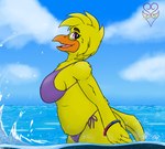 beak big_breasts big_butt bikini bikini_bottom bikini_top bracelet breasts butt clothed clothing feathers female jewelry looking_at_viewer overweight overweight_female purple_eyes sea slightly_chubby slightly_chubby_female swimwear two-piece_swimsuit water yellow_body yellow_feathers yellow_skin thevgbear five_nights_at_freddy's scottgames chica_(fnaf) chica_(thevgbear) avian bird chicken galliform gallus_(genus) phasianid 2023 digital_media_(artwork)