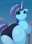 2022 absurd_res afro big_butt blue_body butt clothed clothed_feral clothing curled_hair digital_media_(artwork) ears_down equid equine eyebrows female feral freckles green_eyes hair hasbro hi_res horn lips looking_at_viewer looking_back looking_back_at_viewer mammal misty_brightdawn_(mlp) mlp_g5 multicolored_hair my_little_pony my_little_pony:_make_your_mark mythological_creature mythological_equine mythology nording panties panties_on_feral pivoted_ears purple_hair purple_tail solo tail two_tone_hair two_tone_tail underwear unicorn unicorn_horn