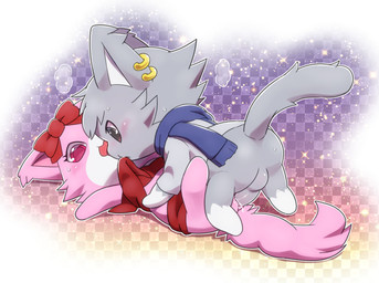 anthro chibi duo female fur grey_body grey_fur male male/female pink_body pink_fur young young_anthro ofuro jewelpet sanrio sega sega_fave dian_(jewelpet) garnet_(jewelpet) domestic_cat felid feline felis maine_coon mammal persian_cat hi_res