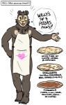 anthro apron artdecade bear clothing comic dialogue english_text food happy male mammal nude pizza sloth_bear solo text ursine willy_(artdecade)