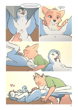 animal_genitalia anthro beak blush bottomwear cloaca cloacal cloacalingus clothed clothing dialogue duo eyes_closed feathers feet female fingers fur furniture genitals half-closed_eyes heart_symbol looking_pleasured lying male male/female narrowed_eyes nude on_back on_table open_beak open_mouth oral sex shirt shorts smile speech_bubble spread_cloaca spread_legs spreading table tail text toes topwear tuke casey_(tuke) graham_(tuke) avian bird canid canine fox mammal owl absurd_res comic digital_media_(artwork) english_text hi_res