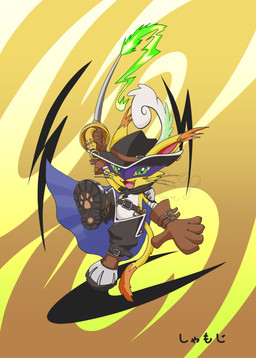 anthro boots cape clothing footwear fur gloves green_eyes handwear hat_feather headgear headwear loose_feather male mask melee_weapon rapier shoes smile solo sword weapon yellow_body yellow_fur m_shamoji bandai_namco digimon digimon_(species) domestic_cat felid feline felis mammal nyabootmon absurd_res hi_res