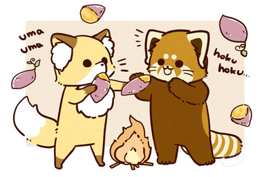 ambiguous_gender brown_body brown_fur chibi dot_eyes duo eating feral fire food fur simple_eyes text shi_nominmin ailurid canid canine fox mammal red_panda 2020 hi_res