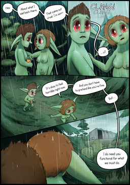 black_border border breasts dialogue duo female flaccid foreskin forest genitals green_body green_skin hand_on_shoulder male male/female medium_breasts nipples nude penis plant pointy_ears pubes raining red_eyes shortstack text tree vulva greenbuncafe roadkill_(greenbuncafe) sodacan_(greenbuncafe) goblin humanoid mammal absurd_res colored comic digital_drawing_(artwork) digital_media_(artwork) english_text hi_res shaded signature