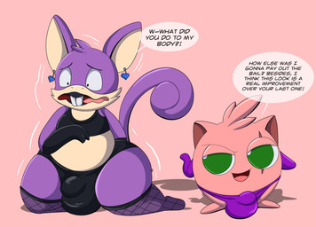 after_transformation anthro big_butt bodily_fluids buckteeth bulge butt clothing crop_top duo ear_piercing ear_ring fishnet_clothing fur green_eyes handwear implied_transformation latex latex_clothing latex_handwear lipstick makeup male male/male panties piercing purple_body purple_fur ring_piercing scar shaking shirt smile smirk sound_effects speech_bubble sweat sweatdrop teeth text thick_thighs topwear underwear tepigfan101 nintendo pokemon creampuff_(tepigfan101) generation_1_pokemon jigglypuff pokemon_(species) rattata absurd_res hi_res
