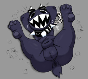 3_toes animal_genitalia anthro anus armpit_hair balls bar_emanata biped black_anus black_balls black_body black_bracelet black_collar black_eyes black_tail body_hair bracelet breath butt chain collar emanata feet fully_sheathed genital_raphe genitals grey_background grey_pawpads hands_behind_head hindpaw jewelry legs_up looking_at_viewer lying male male_anthro nude nude_anthro nude_male on_back open_mouth open_smile pawpads paws raphe_(anatomy) scrotal_raphe sharp_teeth sheath short_tail simple_background smile solo spiked_bracelet spiked_collar spikes tail teeth toes wearing_collar y_anus completedlemon mario_bros nintendo chain_chomp 2026 digital_media_(artwork) hi_res