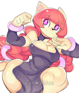 anthro braided_hair breasts chest_tuft cleavage clothed clothing female flexing fur hair solo tail tuft yellow_body yellow_fur zipskyblue kyoko_(zipskyblue) felid feline mammal hi_res