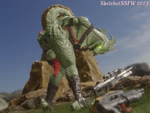 2023 3d_(artwork) 4:3 animated anthro balls butt digital_media_(artwork) dragon english_text epic_games fortnite genitals gun high_framerate hybrid_(fortnite) knot long_playtime male mythological_creature mythological_scalie mythology no_sound penis ranged_weapon reptile scalie skelebot solo spread_butt spreading tail text weapon webm