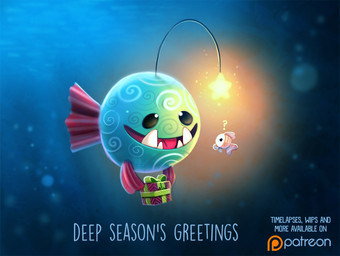 ambiguous_gender beady_eyes black_eyes bow_(feature) bubble confusion dot_eyes duo fangs feral gift glowing green_body green_scales humor lure_(anatomy) pink_body pink_scales pun question_mark scales simple_eyes star teeth text underwater visual_pun water white_body white_scales piper_thibodeau anglerfish aquatic fish digital_media_(artwork) digital_painting_(artwork) english_text painting_(artwork)