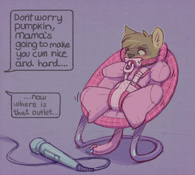 ambiguous_gender anthro arms_tied bitchsuit blue_eyes blush bondage_gear bound brown_body brown_fur chicken-wing_tied clothing dialogue diaper frogtied fur gag gagged hitachi_magic_wand legs_tied offscreen_character pacifier pacifier_gag sex_toy shaking simple_background solo struggling text trapped vibrator wand_vibrator young young_anthro skidoo canid canine mammal digital_media_(artwork) english_text