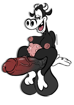 anthro balls big_balls big_penis black_body breasts butt clothing erection eyelashes female genitals gloves handwear horn huge_balls huge_penis hyper hyper_balls hyper_genitalia hyper_penis male male/female nipples nude penis sitting_on_penis smile solo teats toony udders vulva vwhiskers disney clarabelle_cow bovid bovine cattle mammal digital_media_(artwork)