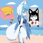 anthro beach big_breasts big_eyes black_hair black_nose blue_body blue_eyes blue_fur blue_nose blue_one-piece_swimsuit blush bodily_fluids bottle breasts butt clothed clothing cloud container cute_fangs day detailed_background digitigrade dipstick_tail double_thumbs_up drooling eyebrow_through_hair eyebrows eyes_closed fangs female fingers fur furgonomics gesture gloves_(marking) group hair hand_gesture holding_bottle holding_container holding_object holding_sign inner_ear_fluff leg_markings looking_at_viewer markings mouth_closed one_eye_closed open_mouth pink_nose pointing pupils saliva seaside shadow sign slit_pupils snout socks_(marking) standing tail tail_markings teeth text thick_thighs thumbs_up translucent translucent_hair trio tuft whiskers white_body white_fur white_pupils yellow_body yellow_fur pitzspecial microsoft nintendo pokemon prequel_adventure the_elder_scrolls femcel_(character) katia_managan offmodel_(pitzspecial) domestic_cat eeveelution felid feline felis generation_4_pokemon glaceon khajiit mammal pokemon_(species) 2024 aliasing binary_drawing digital_drawing_(artwork) digital_media_(artwork) multiple_images