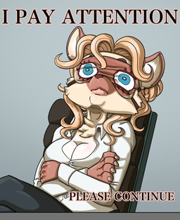 anthro blindfold blonde_hair breasts claws cleavage clothed clothed_female clothing eyemask eyewear female fur hair mask sitting sleep_mask solo tan_body tan_fur text daigaijin hendak domestic_cat felid feline felis mammal 2025 english_text hi_res