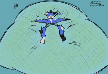 anthro big_diaper biped blue_body blue_fur bodily_fluids clothed clothing dialogue diaper diaper_only eyes_closed fur genital_fluids green_background head_tuft huge_diaper hyper_diaper hyper_pee lying male nipples on_back peeing relaxing simple_background solo spread_arms spread_legs spreading stained_diaper text topless tuft unclean_diaper urine used_diaper wearing_diaper wet_diaper year young m3g4 kinktober kinktober_2024 mega_(m3g4) canid canine canis domestic_dog mammal 2024 colored cross-hatching digital_media_(artwork) english_text hatching_(art) hi_res shaded signature