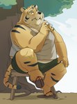 anthro bottomwear clothing footwear humanoid_hands kemono male mature_male outside overweight overweight_male plant sandals shirt shoes shorts sitting smoking solo topwear tree bluewhale127 felid mammal pantherine tiger 2023 hi_res