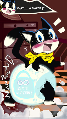 ambiguous_gender anthro big_diaper black_body black_fur black_tail blue_diaper blush blush_stickers bodily_fluids checkered checkered_floor clean_diaper clothed clothing cutaway cute_fangs detailed_background dialogue diaper exclamation_point expression_cutaway fangs fur gloves_(marking) hand_on_butt hand_on_diaper huge_diaper infinity_symbol inner_ear_fluff inside kerchief lock_symbol locked_diaper looking_back markings multicolored_body multicolored_tail neckerchief neckwear no_pupils open_mouth permanent shocked solo sound_effects sweat sweatdrop symbol tail teeth text touching_diaper trap_(contrivance) tuft wearing_diaper white_body white_fur white_inner_ear white_tail yellow_kerchief yellow_neckerchief srbunny649 atlus megami_tensei persona_(series) persona_5 sega morgana_(persona) domestic_cat felid feline felis mammal tuxedo_cat absurd_res english_text full-length_portrait hi_res portrait male_(lore)