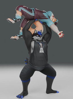 anthro big_muscles big_pecs black_body blue_hair bulge carrying_another carrying_partner clothing duo hair male male/male musclegut muscular muscular_arms pecs pose size_difference doncheco mythology mikel_(thedoge28) sethli_doncheco canid canine dragon hybrid mammal mythological_creature mythological_scalie scalie 3d_(artwork) digital_media_(artwork) hi_res