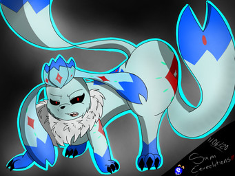 2_tails ambiguous_gender black_claws black_sclera claws feral grey_background half-closed_eyes looking_at_viewer markings multi_tail narrowed_eyes open_mouth paws red_eyes sharp_teeth simple_background solo tail teeth tongue sam_eeveelutions nintendo pokemon fan_character eeveelution generation_4_pokemon glaceon pokemon_(species) 2020 4:3 dated source_request