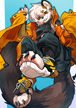 anthro black_body black_clothing black_fur black_topwear bottomwear brown_body brown_eyes brown_fur claws clothed clothed_anthro clothed_female clothing female footwear fur hair jacket looking_at_viewer looking_down looking_down_at_viewer multicolored_body multicolored_fur orange_clothing orange_jacket orange_topwear pants shoes solo toe_claws toeless_footwear toeless_shoes topwear white_body white_fur white_hair yellow_sclera wintom chise_(sailorrooscout) gulonine mammal marten mustelid musteline pine_marten 2021 hi_res