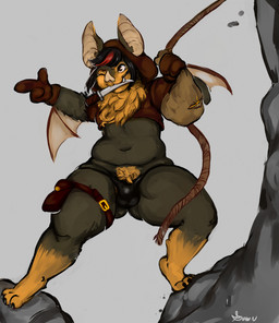 3_fingers 3_toes :3 anthro bag barefoot belly belly_folds belly_overhang biped black_body black_clothing black_fur black_hair body_hair brown_body brown_clothing brown_eyes brown_fur bulge chest_tuft claws cliff clothing coin crop_top dagger deep_navel digitigrade fangs feet fingers fluffy front_view fur gesture gloves gold_(metal) gold_coin grey_background hair hand_gesture handwear happy_trail hindpaw holding_object hoodie humanoid_hands leg_markings love_handles male markings melee_weapon membrane_(anatomy) membranous_wings multicolored_body multicolored_fur multicolored_hair navel object_in_mouth one_eye_closed outside overweight overweight_anthro overweight_male paws pointing red_hair rope shirt short_hair simple_background smile socks_(marking) solo spread_wings standing teeth thick_thighs thong toe_claws toes topwear tuft two_tone_body two_tone_fur two_tone_hair underwear weapon wings wink guwu sev_(batartcave) bat mammal megabat 2017 digital_media_(artwork) digital_painting_(artwork) full-length_portrait hi_res painting_(artwork) portrait shaded signature soft_shading