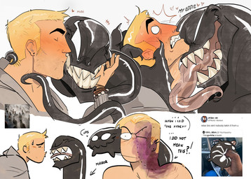 bite_mark black_body black_tentacles blonde_hair blush bruised duo hair hickey kissing_cheek long_tongue male multiple_poses one_eye_closed pose sharp_teeth teeth tentacles tongue tongue_out white_eyes bagandzi marvel eddie_brock venom_(marvel) human humanoid mammal symbiote hi_res
