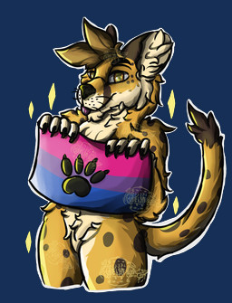 anthro bisexual_pride_colors flag flag_(object) fur holding_flag holding_object inner_ear_fluff lgbt_pride male pride_colors solo sticker tail tuft yellow_body xelhex ubi_thecheetah cheetah felid feline mammal absurd_res alpha_channel hi_res