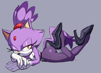 anthro breasts clothing dipstick_tail female footwear fur gem high_heels legwear lying markings nipples on_front pantyhose pose purple_body purple_fur shoes small_breasts solo tail tail_markings yellow_eyes guillion third-party_edit goldsden_(colorist) hooked_on_heel_(trend) sega sonic_the_hedgehog_(series) blaze_the_cat felid feline mammal hi_res pinup