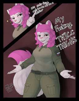 anthro big_breasts big_tail breasts clothed clothed_female clothing dialogue female fingernails front_view fully_clothed hair long_hair looking_at_viewer military_uniform nails open_mouth pink_hair politics russian_flag solo standing tail text thick_thighs uniform yellow_eyes dexel's_arts shelly_(dexel's_arts) felid feline mammal 2025 absurd_res comic digital_media_(artwork) english_text hi_res