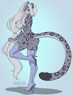 anthro areola biped boots breasts butt clothed clothed_anthro clothed_female clothing countershade_torso countershading female fingers footwear fur hair high_heeled_boots high_heels looking_at_viewer nipples rear_view shoes simple_background smile solo spots standing tail kittydee felid feline mammal 2026 digital_drawing_(artwork) digital_media_(artwork) hi_res