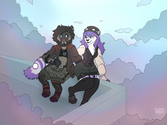 anthro black_body black_fur black_hair blue_eyes camera clothed clothing cloud duo eye_contact fluffy fully_clothed fur hair heterochromia holding_camera holding_object looking_at_another pink_eyes purple_hair romantic romantic_couple white_body white_fur bardo_en_krisis felid feline mammal 4:3 absurd_res clip_studio_paint_(artwork) digital_media_(artwork) hi_res