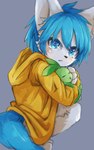 ambiguous_gender animal_plushie anthro black_nose blue_eyes blue_hair blue_tail blush blush_lines bodily_fluids bottomless clothed clothing crouching fluffy glistening glistening_eyes grey_background hair holding_object holding_plushie hoodie inner_ear_fluff kemono looking_at_viewer looking_back looking_back_at_viewer plushie rabbit_plushie rear_view simple_background solo tail tears topwear tuft white_body white_ears white_inner_ear white_inner_ear_fluff yellow_clothing yellow_hoodie yellow_topwear young young_anthro naegi teru_(naegi) canid canine fox inanimate_object mammal 2022 digital_media_(artwork) digital_painting_(artwork) hi_res