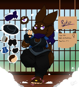 anthro breasts brown_body brown_fur cleavage clothed clothing countershade_feet countershading digit_ring feet female fur jewelry ninja on_one_leg ring solo standing tan_body tan_fur text thick_thighs toe_ring toes warrior electricsnowfox ruto_(esf) lagomorph leporid mammal rabbit absurd_res english_text hi_res model_sheet