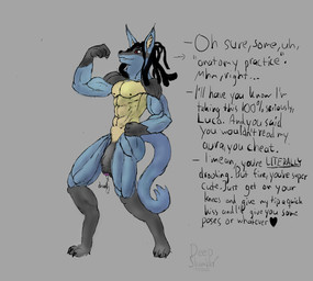 abs anthro biceps bodily_fluids claws deltoids dreadlocks flexing forearm_muscles foreskin genital_fluids genitals inner_ear_fluff male muscular muscular_anthro muscular_male paws pecs penis precum quads red_eyes smile snout solo tail text toe_claws tuft deepslumber nintendo pokemon canid canine generation_4_pokemon lucario mammal pokemon_(species) english_text hi_res