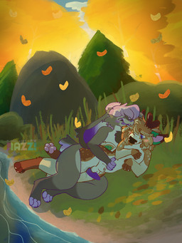 animal_genitalia anthro antlers autumn autumn_leaves big_ears blush duo exhibitionism forest forest_background genitals horn lying nature nature_background on_ground outside_sex plant river sex sheath thigh_sex tree floraltrash brioche_(floraltrash) cj_(snekinabox) australian_shepherd canid canine canis deer domestic_dog herding_dog hybrid lagomorph leporid mammal pastoral_dog rabbit sheepdog hi_res nonbinary_(lore)