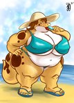 anthro beach belly big_breasts bikini bottomwear breasts brown_hair clothed clothing female food hair hat headgear headwear huge_breasts lips looking_at_viewer makeup markings mature_female morbidly_obese obese outside overweight overweight_anthro overweight_female popsicle seaside shorthair simple_background solo spots spotted_body sun_hat swimwear thick_lips thick_thighs topwear two-piece_swimsuit infinitesimalj0 haley_(volkenfox) eublepharid gecko leopard_gecko lizard reptile scalie hi_res