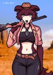 anthro breasts clothed clothing cowboy_hat cowboy_outfit crop_top female fur hair hat headgear headwear holding_object holding_weapon looking_at_viewer midriff navel ranged_weapon shirt simple_background solo tail topwear weapon shen_hokori beastars juno_(beastars) canid canine canis mammal wolf 2025 absurd_res digital_media_(artwork) hi_res