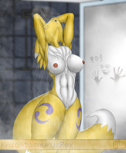 anthro areola bathing being_watched breasts female genitals looking_at_another looking_through medium_breasts nipples nude shower showering solo spying steam voyeur vulva wet wet_body knightosaurusrex bandai_namco digimon pogchamp canid digimon_(species) mammal renamon absurd_res hi_res meme