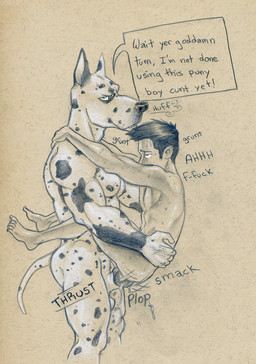 5_fingers 5_toes abs anal anal_penetration animal_genitalia animal_penis annoyed anthro anthro_penetrating anthro_penetrating_human anthro_penetrating_male areola athletic back_muscles balls biceps big_muscles biped bodily_fluids breath butt canine_genitalia canine_penis carrying_another dialogue dominant dominant_male duo erect_nipples erection eyebrows feet fingers frown genitals hair half-closed_eyes hand_on_shoulder hip_grab human_on_anthro human_penetrated humanoid_feet humanoid_hands interspecies knot larger_anthro larger_dom larger_male looking_aside looking_at_viewer looking_pleasured male male/male male_anthro male_human male_on_anthro male_on_human male_penetrated male_penetrating male_penetrating_human male_penetrating_male manly markings motion_lines multicolored_body muscular muscular_male narrowed_eyes nipples nude obliques onomatopoeia pecs penetration penile penile_penetration penis penis_in_ass plantigrade plap pointy_ears prick_ears rough_sex sex short_hair short_tail side_view simple_background size_difference smaller_human smaller_male snout sound_effects speech_bubble spots spotted_body spotted_markings spotted_tail stand_and_carry_position standing standing_sex submissive submissive_male sweat tail tail_markings talking_to_viewer text thin_tail three-quarter_view thrusting toes triceps two_tone_body two_tone_tail vein tush_(artist) canid canine canis domestic_dog great_dane human mammal mastiff molosser detailed english_text graphite_(artwork) hi_res monochrome sepia shaded soft_shading traditional_media_(artwork)