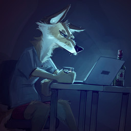 alcohol anthro beverage blue_eyes bottle boxers_(clothing) brown_body brown_fur chair cheek_tuft clothed clothing computer container cup electronics eyes_mostly_closed facial_tuft fur furniture head_tuft knee_tuft laptop leg_tuft male narrowed_eyes neck_tuft office_chair shirt sitting solo t-shirt table topwear tuft underwear white_body white_fur samur_shalem moses_(samur_shalem) canid canine canis coyote mammal 1:1 2020 reaction_image