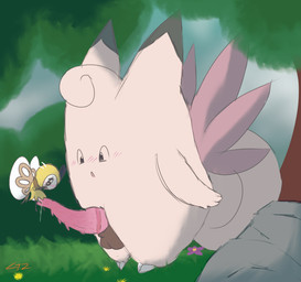 ambiguous_gender balls blush bodily_fluids duo feral genital_fluids genitals male male/ambiguous outside penis size_difference unusual_anatomy unusual_genitalia wings zipzupper nintendo pokemon arthropod clefable generation_1_pokemon generation_7_pokemon insect pokemon_(species) ribombee