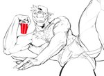 abs alcohol anthro armpit_hair backwards_baseball_cap backwards_hat baseball_cap beverage biceps body_hair butt chest_hair clothing hat headgear headwear looking_at_viewer male muscular muscular_anthro muscular_male pecs sideways_baseball_cap smile solo solo_cup kotia tagg dinosaur prehistoric_species reptile scalie