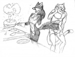 anthro burning clothing cooking duo female fire kitchen laugh male panties smoke tail underwear scott_ruggels kiruki mike_cochran canid canine cougar domestic_cat felid feline felis fox mammal graphite_(artwork) greyscale monochrome sketch traditional_media_(artwork)