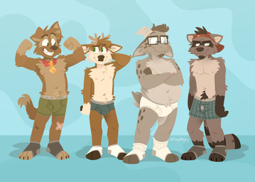 ankle_socks annoyed anthro antlers backwards_baseball_cap backwards_hat baseball_cap black_body black_clothing black_footwear black_fur black_socks blue_background blue_boxers blue_briefs blue_clothing blue_eyes blue_underwear boxer_briefs boxers_(clothing) briefs brown_body brown_eyes brown_fur brown_hair brown_nose bulge button_(fastener) claws clothed clothing collar crew_socks crossed_arms detailed_background eyewear facial_hair flexing_muscles footwear fur glasses goatee green_boxer_briefs green_clothing green_eyes green_underwear grey_body grey_fur grey_waistband group hair hand_behind_head hat headgear headwear horn male markings monotone_briefs monotone_clothing monotone_underwear navel nipples open_mouth open_smile plaid_boxers red_baseball_cap red_clothing red_hat red_headwear shadow simple_background smile socks spots spotted_markings striped_briefs striped_markings stripes tan_body tan_fur tighty_whities toeless_footwear toeless_socks topless topless_male underwear white_briefs white_clothing white_footwear white_socks white_underwear tinydeerguy national_underwear_day darwin_(tinydeerguy) gary_(tinydeerguy) matt_riskely sam_(tinydeerguy) bovid canid canine canis caprine deer domestic_dog goat mammal procyonid raccoon hi_res