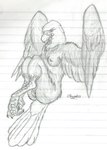 anthro beak breasts butt claws crossed_legs feathered_wings feathers female front_view genitals looking_at_viewer nipples non-mammal_breasts non-mammal_nipples nude open_beak open_mouth pussy realistic_wings scutes solo tail tail_feathers tongue wings windpaw accipitrid accipitriform avian bald_eagle bird eagle sea_eagle 2003 dated graphite_(artwork) greyscale monochrome signature sketch traditional_media_(artwork)