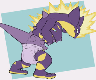 ambiguous_gender anthro clean_diaper clothed clothing diaper diaper_only electricity holding_chest looking_back looking_back_at_self mohawk purple_body side_view simple_background solo tail topless wearing_diaper tyggles_(artist) nintendo pokemon amped_toxtricity generation_8_pokemon pokemon_(species) toxtricity 6:5 digital_media_(artwork)