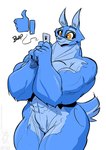 2022 abs anthro big_breasts blue_body blue_fur breasts canid canine canis cellphone conditional_dnp electronics eyewear female footprint fur genitals gesture glasses hand_gesture holding_cellphone holding_object holding_phone jollyjack mammal muscular muscular_anthro muscular_arms muscular_female muscular_thighs mythological_canine mythological_creature mythology nude pawprint phone pussy simple_background smile thumbs_up were werecanid werecanine werewolf white_background wolf yellow_eyes