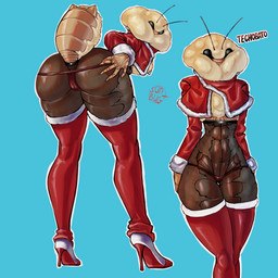 anthro black_eyes blue_background butt christmas_clothing clothing compound_eyes dialogue exoskeleton female footwear high_heels holidays legwear panties presenting presenting_hindquarters red_clothing red_panties red_underwear shoes simple_background solo text thick_thighs thigh_highs underwear sun_bug christmas moth_girl_(sun_bug) arthropod insect lepidopteran moth 1:1 absurd_res hi_res russian_text translated